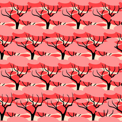 Red black forest seamless pattern bright contrasting scrapbook deciduous tree