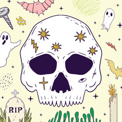Halloween holiday vector banner with hand-drawn illustrations. Ready for printing or web presentation