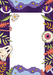 Halloween holiday vector background of A4 format with hand-drawn illustrations. Ready for printing or web presentation