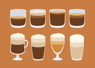 Different coffee types vector set in flat style on brown background.
Espresso, americano, latte, cappuccino, macchiato, frappe. 