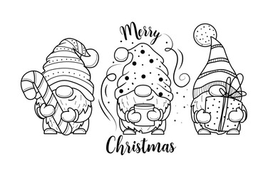 Cute cartoon Christmas gnomes with box of gift for coloring book.Line art design for kids coloring page. Coloring page outline.
