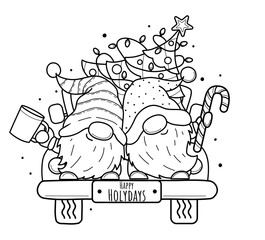 Cute cartoon Christmas gnomes on truck for coloring book.Line art design for kids coloring page. Coloring page outline.