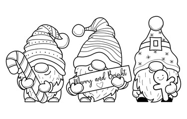 Cute cartoon Christmas gnome with gifts for coloring book.Line art design for kids coloring page. Coloring page outline.
