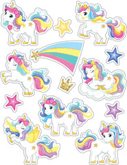 Set of cute unicorn stickers. Vector illustration. Sticker design.Cartoon style. - 524047521