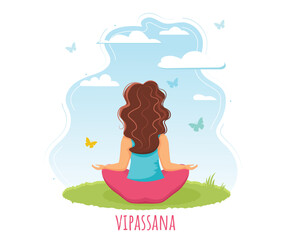 Woman meditates in nature alone. Vipassana concept. Vector illustration.Flat style.