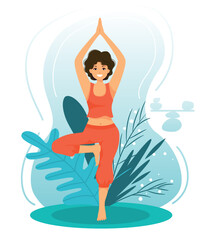 Woman in yoga tree pose.Life balance concept. Vector illustration.Flat style. - 524047525