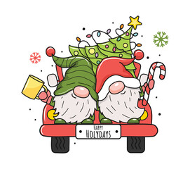 Two cute cartoon Christmas gnomes with Christmas tree on truck.. Vector illustration. Isolated on white background - 524047526
