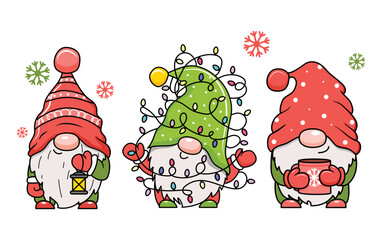 Adorable cartoon Christmas gnomes with gifts. Vector illustration. Isolated on white background