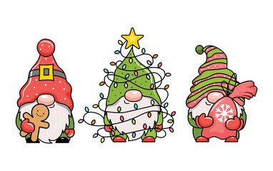 Adorable cartoon Christmas gnomes with gifts. Vector illustration. Isolated on white background
