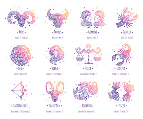 Colorful zodiac signs. Vector illustration.Line art. Easy to recolor. Zen tangle style