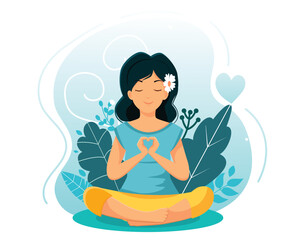 Woman meditates in nature alone. Vipassana concept. Vector illustration.Flat style.