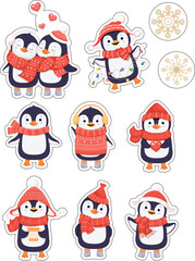 Set of cute Christmas penguins stickers. Winter time. Vector illustration. Sticker design.Cartoon style.