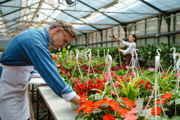 White woman and man wearing aprons standing by plants in greenhouse