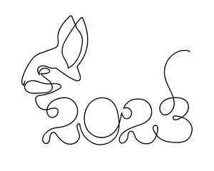 Chinese new year 2023. Continuous one line drawing of Bunny symbol of 2023 year. Rabbit silhouette in simple linear style for winter design greeting card, logo and web banner. Editable stroke. Doodle 