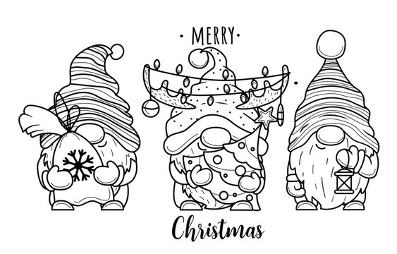 Cute cartoon Christmas gnome with christmas lights for coloring book.Line art design for kids coloring page. Coloring page outline.