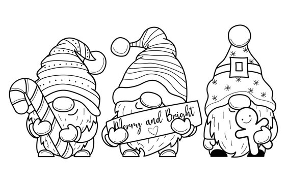 Cute cartoon Christmas gnome with gifts for coloring book.Line art design for kids coloring page. Coloring page outline.