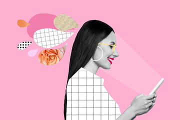 Composite collage portrait of cheerful pretty girl use telephone chatting isolated on drawing pink background
