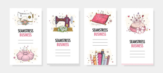 Hand drawn design seamstress social media stories. Vector illustration of sewing machine, pin cushion and buttons