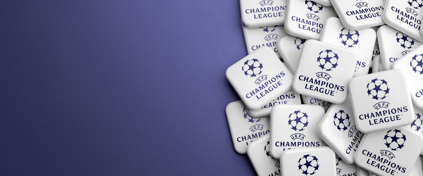 Logos Of The European Soccer Champions League On A Heap On A Table. Copy Space. Web Banner Format