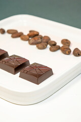 Handmade bitter chocolates on white plate with cocoa beans on green background.