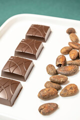 Handmade bitter chocolates on white plate with cocoa beans on green background.
