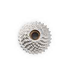 Front view of bicycle metal freewheel or cassette, with seven speed and 11 to 28 teeth, isolated on...