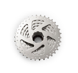 Back view of bicycle metal freewheel or cassete, with 11 to 34 teeth, isolated on white