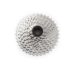 Front view of bicycle metal freewheel or cassete, with 11 to 36 teeth, isolated on white