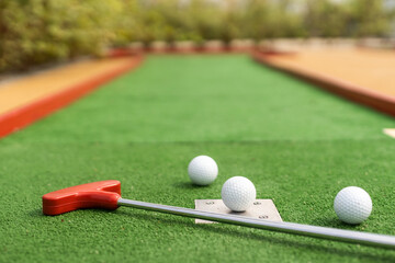 Mini-golf ball on artificial grass. Summer season game