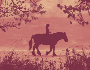 A girl riding a horse rides along the seashore at sunset. Composition of silhouettes. Raster Version Illustration.