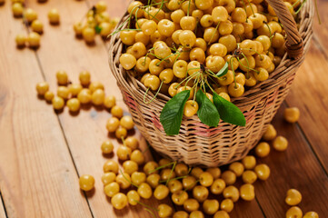 Yellow cherry , seasonal harvest of berries on the table