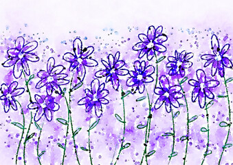 field of violets illustration, handpainted floral image, very peri flowers