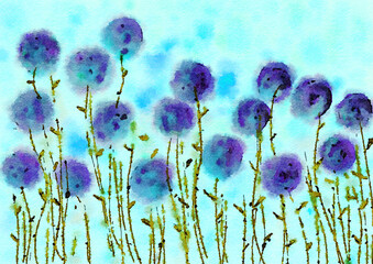 Watercolor field of flowers illustration, handpainted floral image