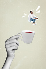 Vertical collage image of overjoyed small guy falling huge arm hold coffee cup isolated on painted...