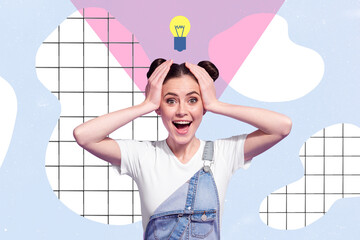 Composite collage image of astonished girl hands touch head light bulb above head isolated on drawing checkered background