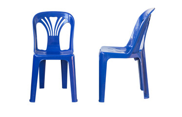 Front and side plastic chair blue furniture, stool. Clipping path. Used in the business of organizing parties with sit back and relax. Isolated on cutout PNG.