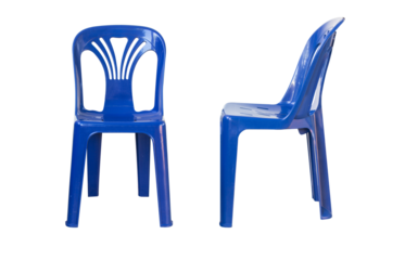Front and side plastic chair blue furniture, stool. Clipping path. Used in the business of organizing parties with sit back and relax. Isolated on cutout PNG.