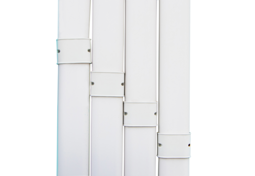 Air duct white plastic wiring, plumbing in mall. Air conditioner pipe, wiring pipe, and plumbing pipe system. Air ducts and water pipes are installed on wall at outdoor.