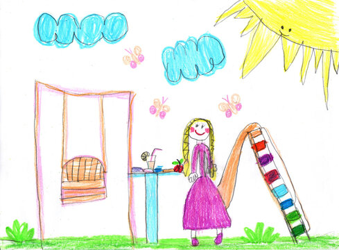 Children drawing of a girl playing on the playground