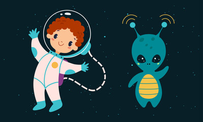 Space exploration and adventures. Boy astronaut in spacesuit and alien floating in outer cosmos vector illustration