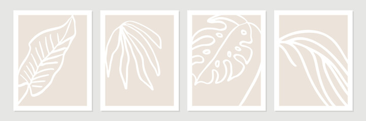 Set of abstract tropical organic shapes, leaves, lines and textures in white on neutral nude and beige background.
