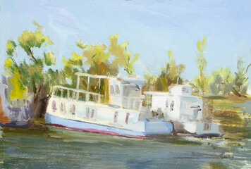 Painting oil on paperboard "Pleasure river boats near the shore in summer". Sketch