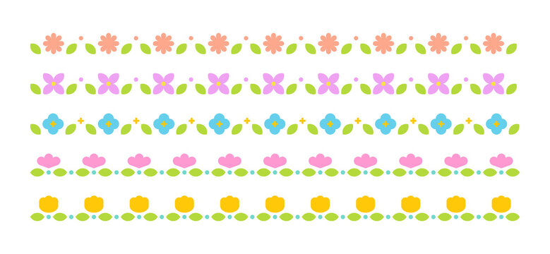 Set of colorful and cute floral border line illustrations.