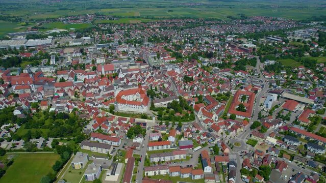  Aerial view around the old town of the city Dillingen in Germany, Bavaria on a sunny day in summer