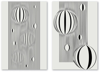Hemispheres lined optical illusion pattern, 3d black and grey lines in perspective with spherical elements abstract vector background, linear perspective illustration op art. line distortion illusion  - obrazy, fototapety, plakaty