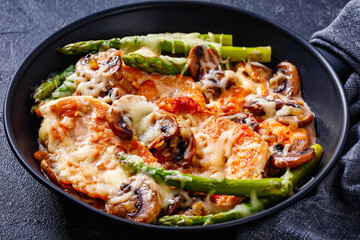 Chicken  red wine in frying pan, top view