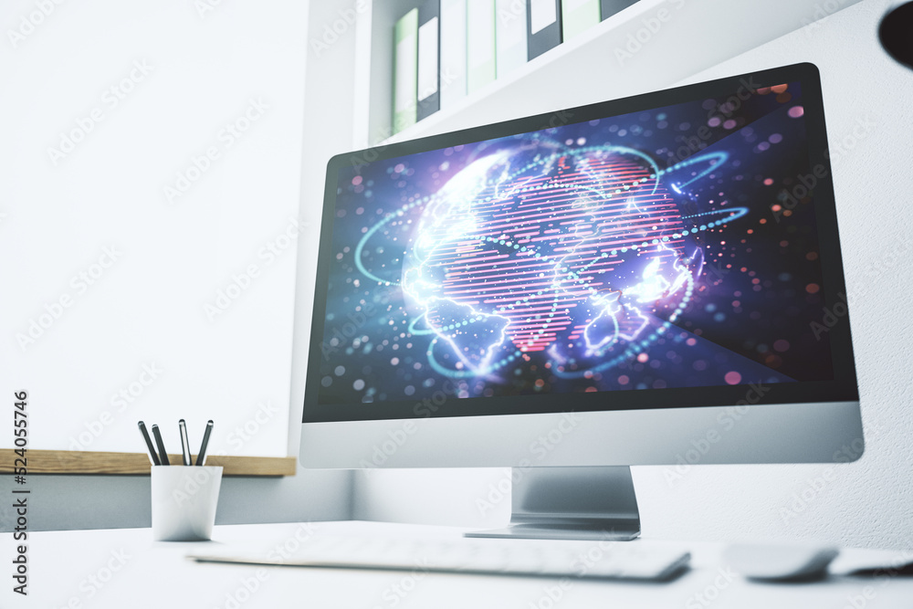 Poster Abstract digital world map with connections on modern computer monitor, big data and blockchain concept. 3D Rendering
