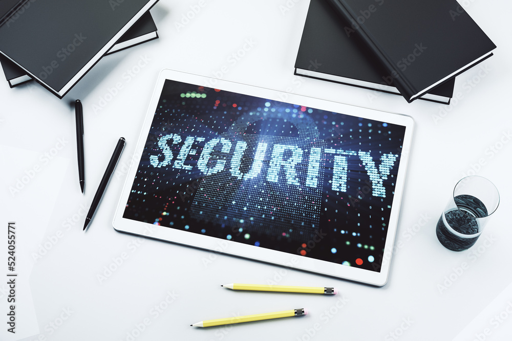 Poster Cyber security creative concept on modern digital tablet monitor. Top view. 3D Rendering