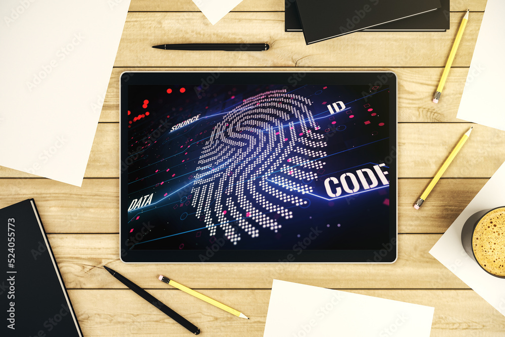 Poster Abstract creative fingerprint concept on modern digital tablet screen. Top view. 3D Rendering