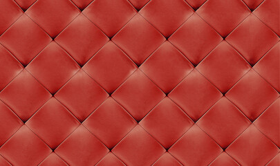 Red natual leather background for the wall in the room. Interior design, headboards made of artificial leather, leatherette , furniture upholstery. Classic checkered pattern for furniture, headboard